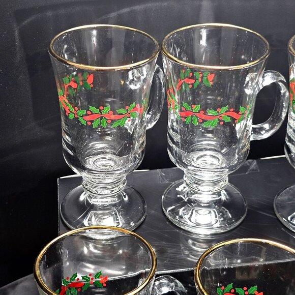6 Libbey Holly Ribbons Irish Coffee Glasses 5.5" Christmas latte hot cocoa vtg - Picture 8 of 10